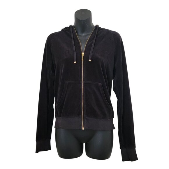 Juicy Couture Tops - Juicy Couture Black Velour Zip-Up Hoodie w/ Gold Detail Women's XS - Made in USA